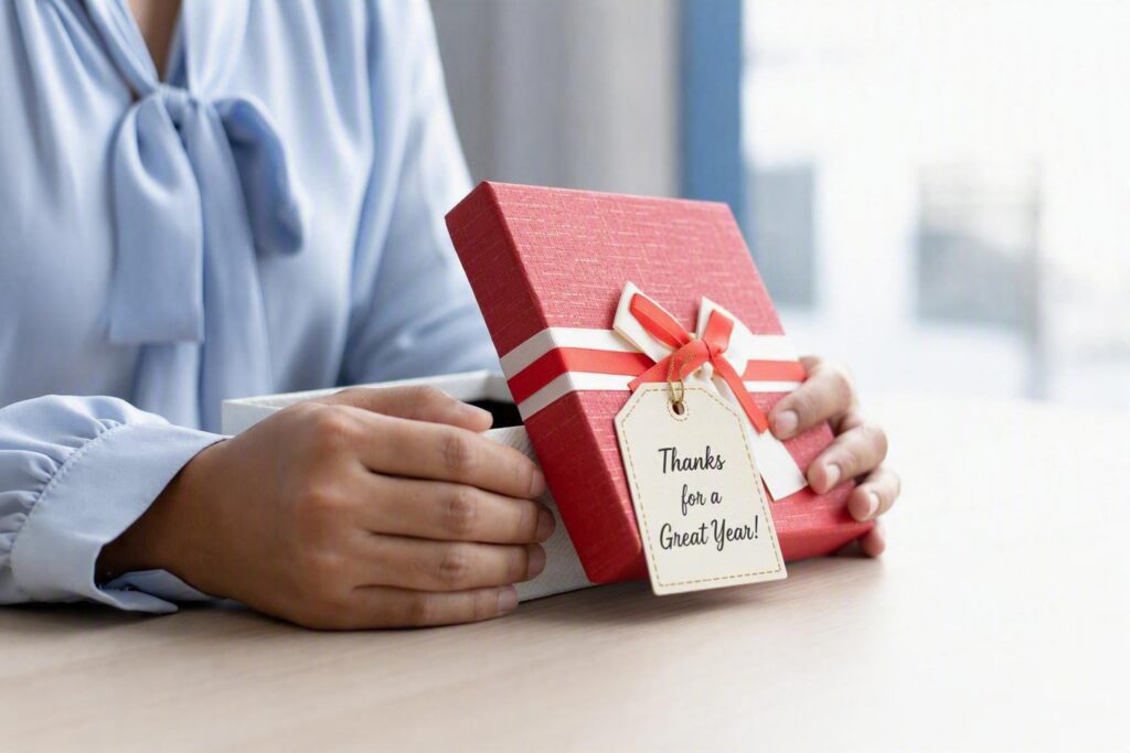 Person opening a company holiday gift